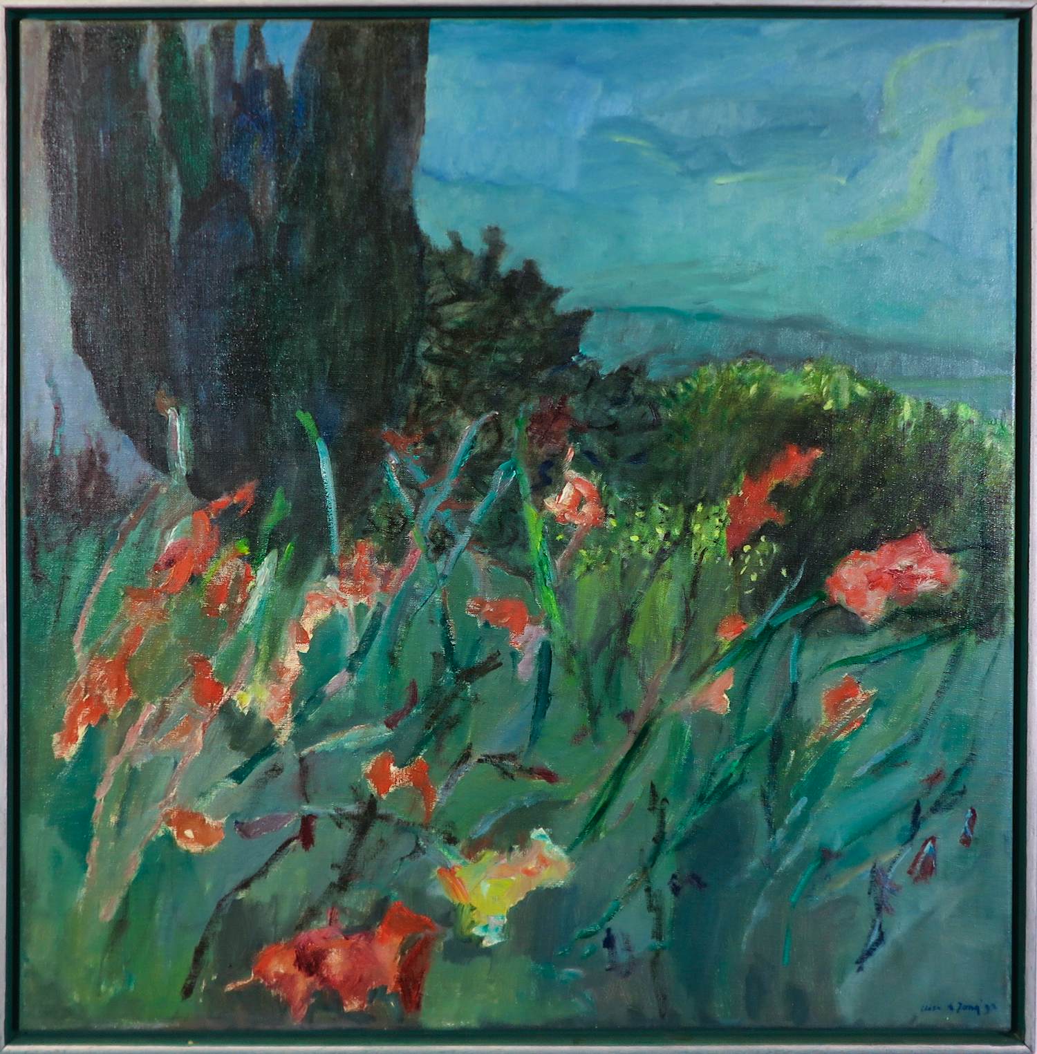 Carla de Jong - Olieverf op doek, Gladiolen - Ingelijst verkocht voor € 300!