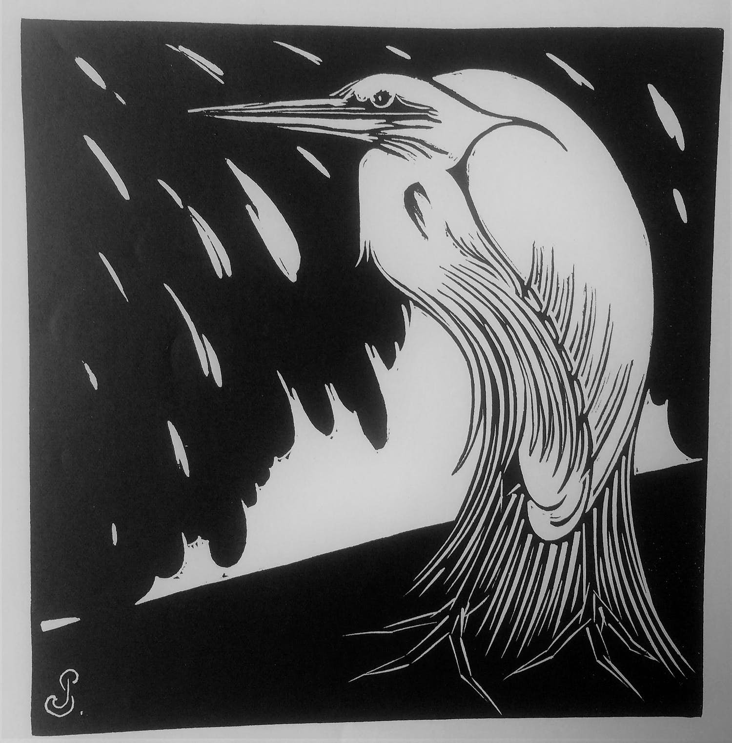 Jan Schonk - Houtsnede "Reiger" 1925 verkocht voor € 40!