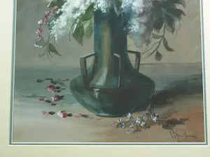 Niet of onleesbaar gesigneerd - Ingelijste aquarel , Bloemen in groene vaas – Herkent u de signatuur? kopen? Bied vanaf 1!