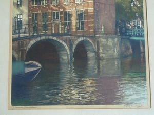 Buy Hendrikus Roodenburg - Ets, “Avondzon Amsterdam” – ingelijst - 1948? Bid from 10!