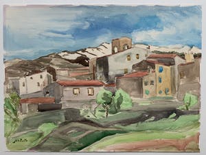 Jan Nolte - aquarel - 'Mediterraans dorp in berglandschap' (UNIEK WERK) kopen? Bied vanaf 75!