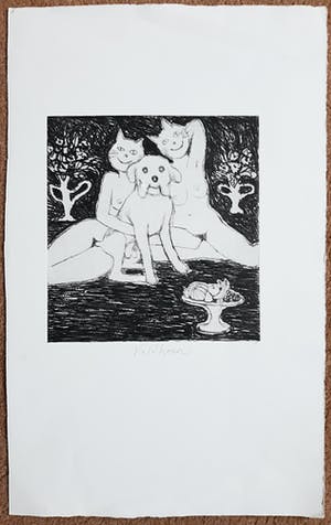 Aat Veldhoen - Hond met poezen, aquatint ets kopen? Bied vanaf 75!