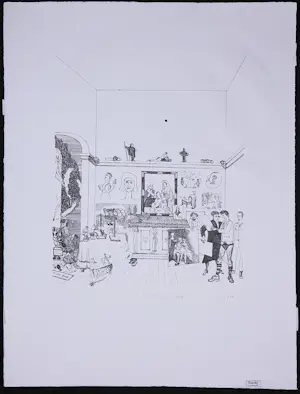 Sipke Huismans - Litho, Zonder titel (Figuren in interieur met kunst) kopen? Bied vanaf 35!