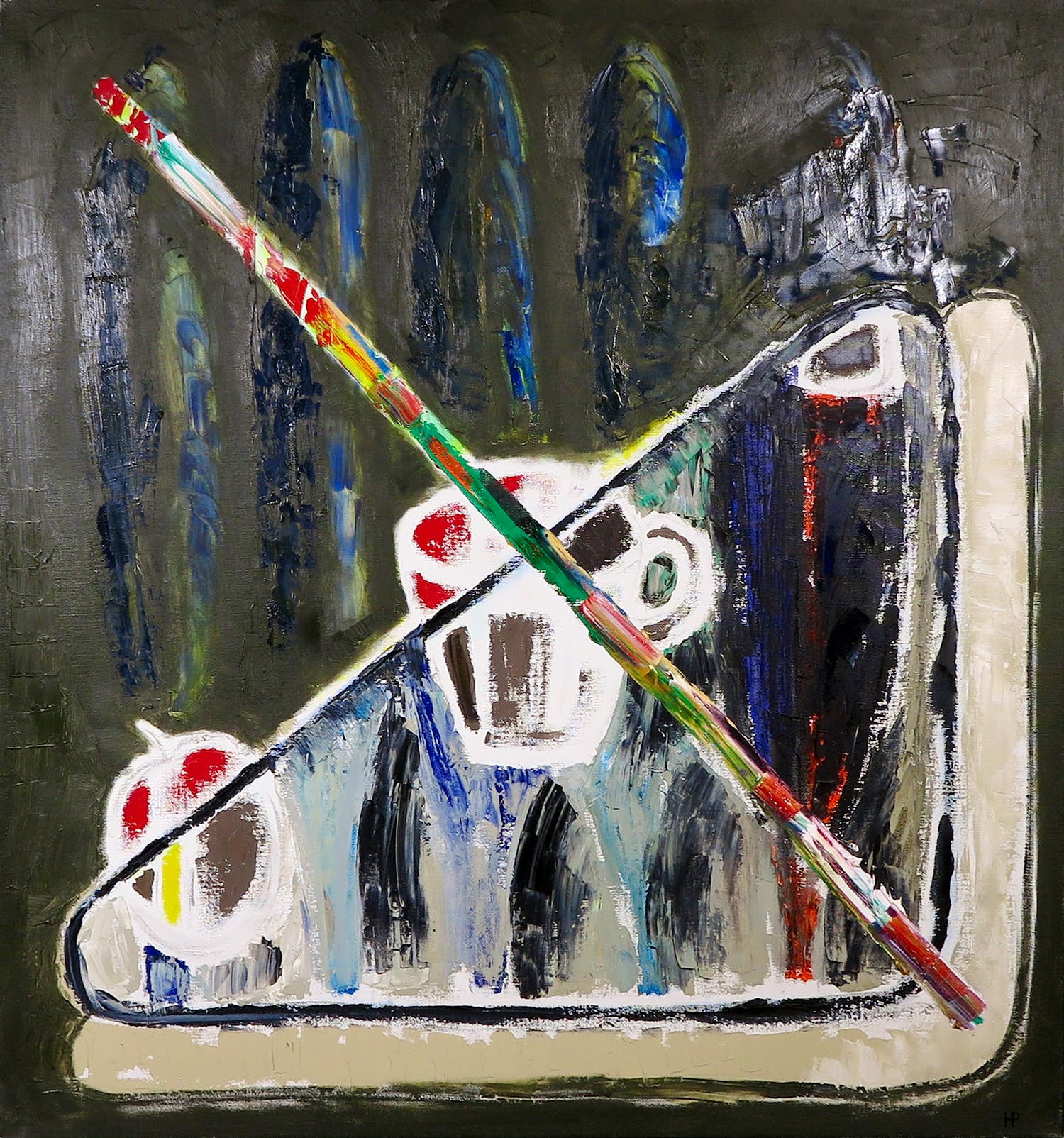 Hannes Postma - Olieverf op doek, Schootsveld III (Zeer groot) verkocht voor € 250!