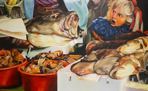 Yasar Bayrak - Olieverf op doek, Meisje en vis - Ingelijst (Groot) kopen? Bied vanaf 1!