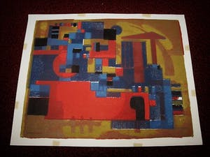 AcheterWim Motz - Bijzondere 1956 geometrische Lithografie "Haven Rotterdam met tanker" handgesign? Enchérissez de 45!