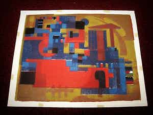 Wim Motz - Bijzondere 1956 geometrische Lithografie "Haven Rotterdam met tanker" handgesign verkocht voor € 45!