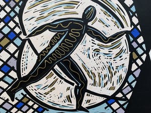 Hans Wap - kleurenlinosnede - 'Goldrush' - 1990 kopen? Bied vanaf 55!