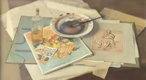 Jan Schouten - Realistisch stilleven met kunstenaarsattributen kopen? Bied vanaf 400!