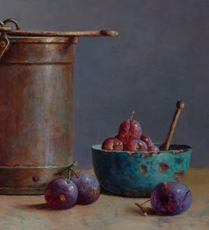 Hans Habraken - Oud keteltje en 2 schalen met pruimen. kopen? Bied vanaf 750!