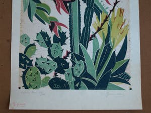 Jeanne Bieruma Oosting - Ingelijste linoleumsnede , ‘Exotische tuin’ – 1957 kopen? Bied vanaf 75!