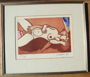 Corneille - Ingelijste kleuren ets: liggend paar - 1987 kopen? Bied vanaf 225!