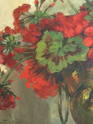 Buy Jeanette Slager - Olieverf op board, Geraniums in koperen pot – gesigneerd en ingelijst? Bid from 225!