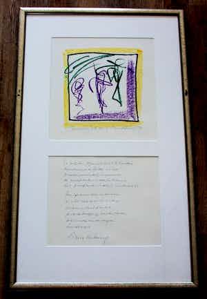 Simon Vinkenoog - Ingelijste krijttekening + gedicht: Invitation a la danse - 1993 verkocht voor € 149!