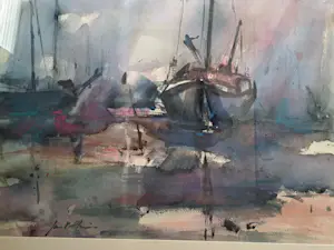 Jan Velthuis - Jan Velthuis: Aquarel, Drooggevallen schepen op het wad - Ingelijst kopen? Bied vanaf 175!