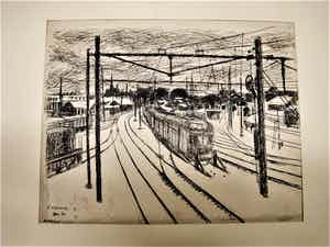 Eduard Vijsma - Grote 1959 Inkttekening - tram op winters eindstation - gesigneerd verkocht voor € 36!