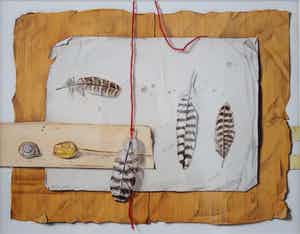 Ria Tensen-Kooy - Aquarel - Vier veertjes, droogbloem, schelp - Ingelijst verkocht voor € 70!