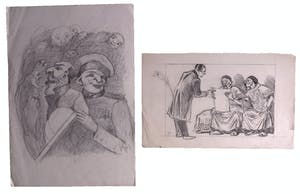 Niet of onleesbaar gesigneerd - Lot met daarin een karikatuurtekening en een ontwerp van een spotprent kopen? Bied vanaf 1!