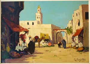 Niet of onleesbaar gesigneerd - Olieverf op doek , Oriëntaalse voorstelling – ingelijst & gesigneerd – ca 1950? verkocht voor € 1!