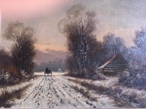 H. Hermans - Sneeuw en zon-ondergangslandschap met koetsier in de sneeuw kopen? Bied vanaf 70!