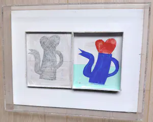 Klaas Gubbels - Ketel met hart, gemengde techniek op sigarendoos (netjes ingelijst) kopen? Bied vanaf 1295!