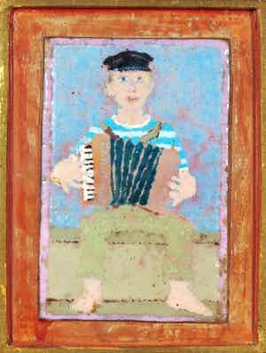 Go de Kroon - Emaille schildering, Man met accordeon verkocht voor € 120!