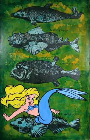 Jan Bollaert - Gemengde techniek op board, Fish-Green verkocht voor € 1!