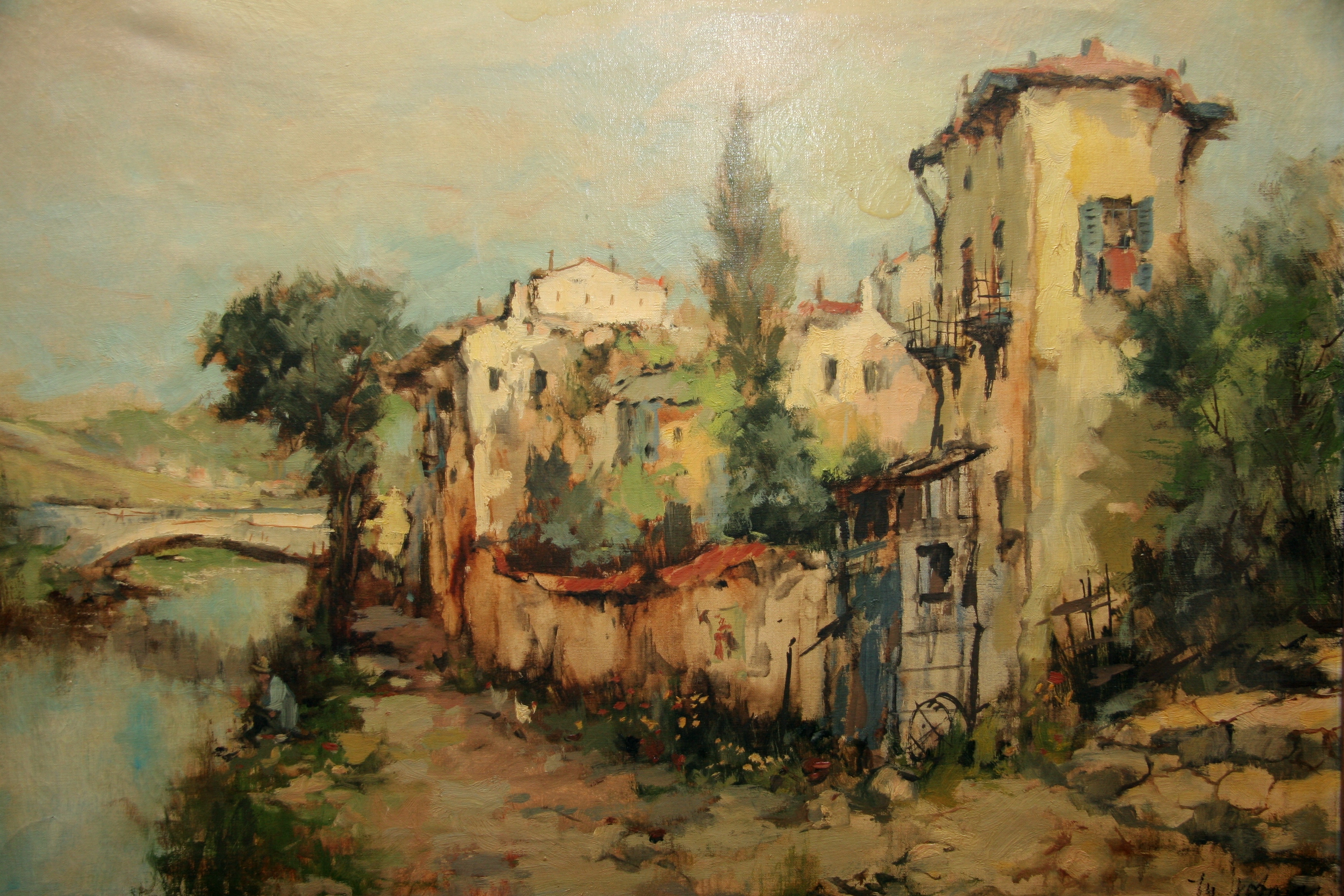 Niet of onleesbaar gesigneerd - Rivier met brug en woningblok kopen? Bied vanaf 1!