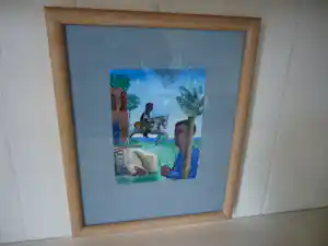 Gorki Bollar - Drie figuren in een landschap met bomen, gebouw, paard en zicht op zee verkauft für € 100!