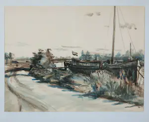 AcheterToon de Haas - Aquarel, Landschap met bootje - Ingelijst? Enchérissez de 50!