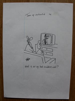 Toon van Driel - 2 Pentekeningen: Toon op vakantie - "Wat is er op het...?/Un blikos doperwtos" kopen? Bied vanaf 100!