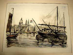 Louis van der Pol - Fraaie gesigneerde Aquarel "Boten Prins Hendrikkade Amsterdam" omstreeks 1960 verkocht voor € 1!