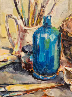 Niet of onleesbaar gesigneerd - Groot olieverf stilleven "schilders benodigdheden" gesigneerd - mooi ingelijst kopen? Bied vanaf 10!