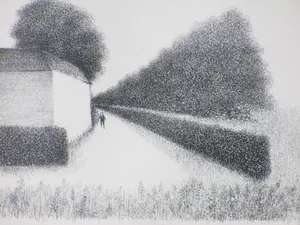 Metten Koornstra - Figuur langs bomenrij bij woning - Litho kopen? Bied vanaf 40!