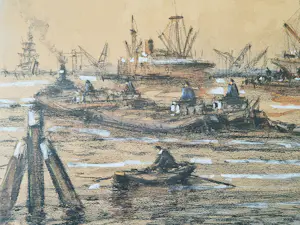Wim Bos - fraaie pastelkrijt op papier "bedrijvigheid in de Rotterdamse haven" gesigneerd kopen? Bied vanaf 60!