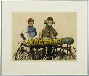 Herman Berserik - Handgekleurde ets, Wielerbaanscene - Ingelijst verkocht voor € 80!