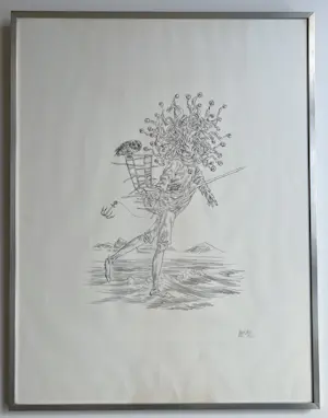 Peter Vos - handgesigneerde litho | 'Man met schip, uil en narrenkap met ballen' | 1973 kopen? Bied vanaf 200!