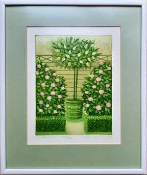 Laetitia de Haas - ets Hortensiatuin I - ingelijst - 22166 verkocht voor € 35!