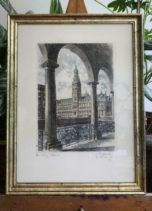Albrecht Bruck - Hamburg- (oude) stadhuis- ingelijst; in hand- en druk gesigneerd. kopen? Bied vanaf 35!