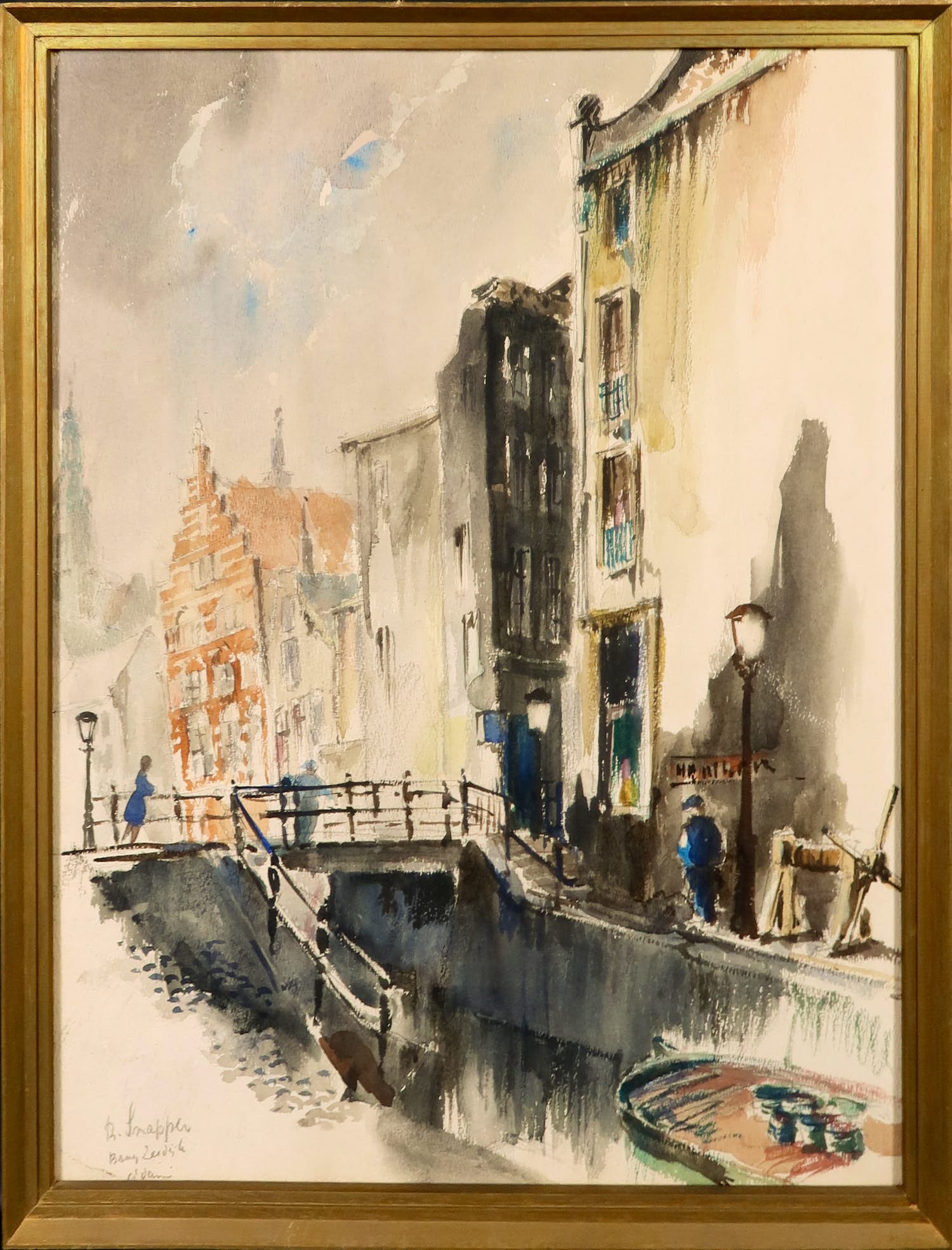 Rein Snapper - Aquarel, Brug bij de Zeedijk Amsterdam - Ingelijst verkocht voor € 1!