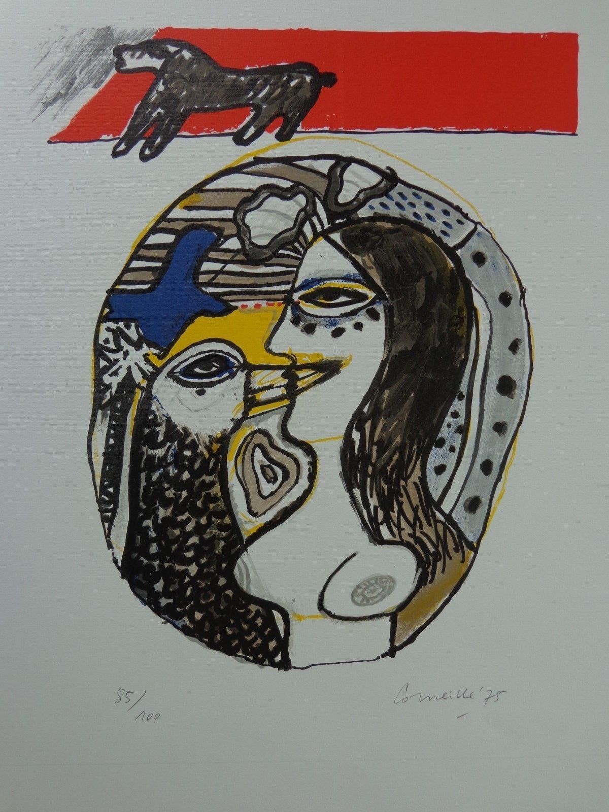 Corneille - VROUW VOGEL & HOND / KLEURLITHO / 72x52cm / SIG / 1975 verkocht voor € 145!