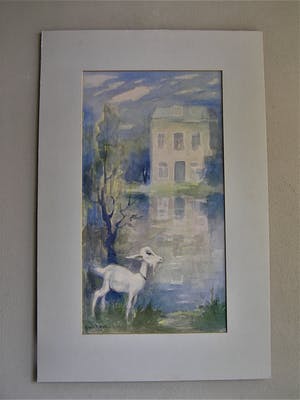 Harrie van Rosmalen - Aquarel - Geitje bij wit huis in landschap aan plas kopen? Bied vanaf 40!