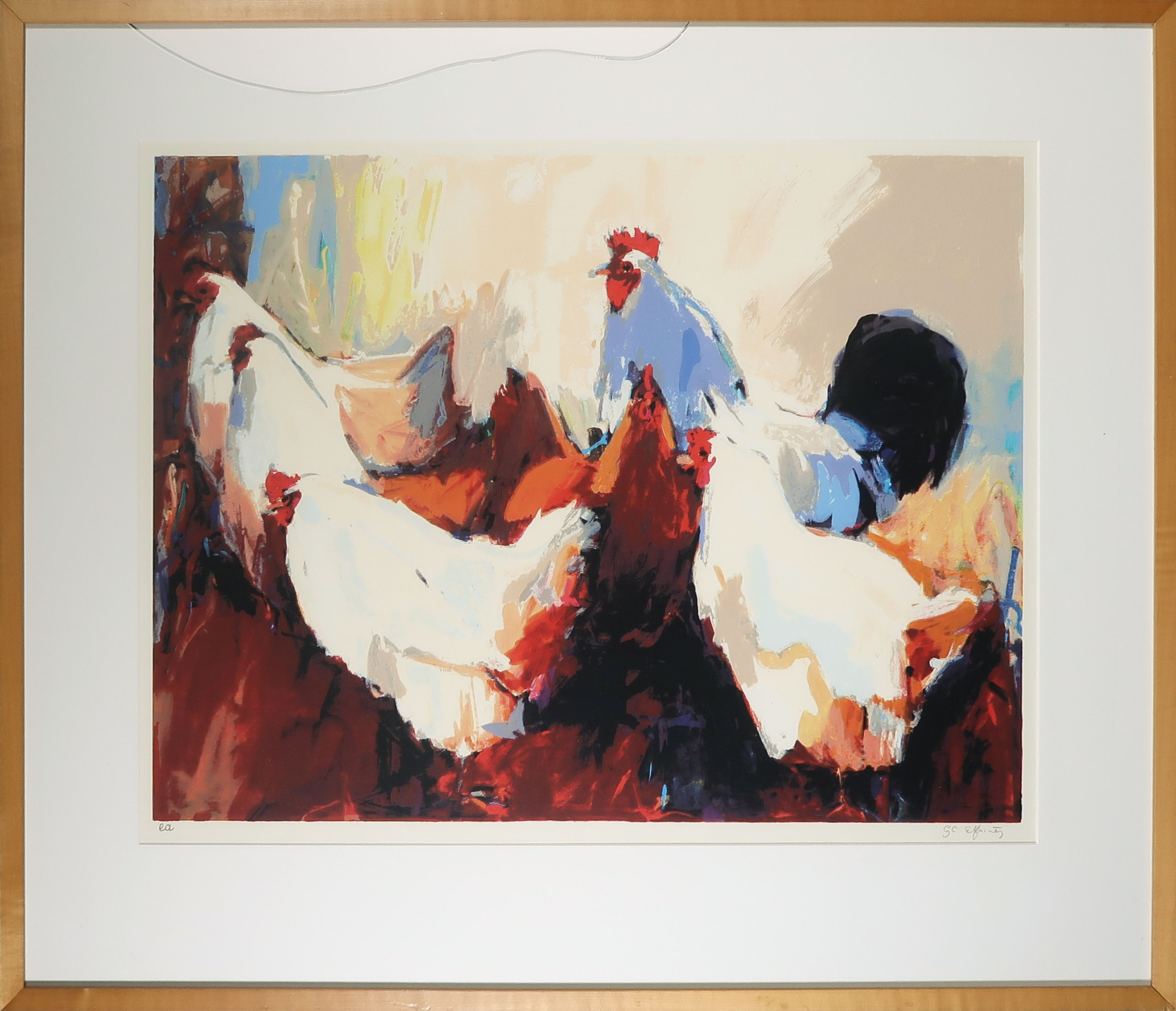 Gerda Elfring - Zeefdruk, Zes kippen - Ingelijst verkocht voor € 35!