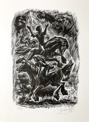 Ivo Damme - Linosnede 'De Walkurenrit' (fraai gelijst!) kopen? Bied vanaf 45!