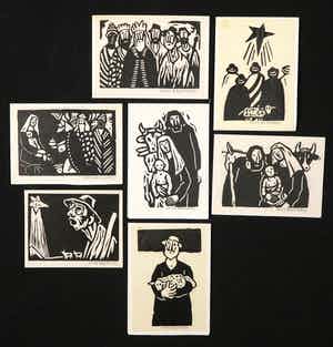 Kees Bastiaans - Lot van zeven linoleumsnedes, Voorstellingen in thema Kerst verkocht voor € 100!