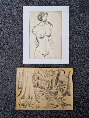 Siep van den Berg - 1 houtskool (boslandschap) en 1 inkt (vrouwelijk naakt) tekening - gesigneerd kaufen? Bieten Sie von 30!