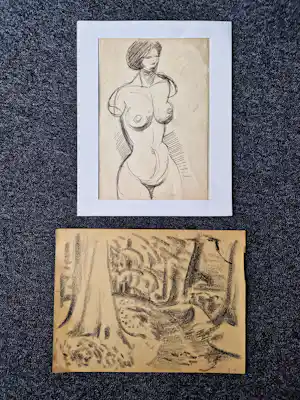 Siep van den Berg - 1 houtskool (boslandschap) en 1 inkt (vrouwelijk naakt) tekening - gesigneerd verkauft für € 60!