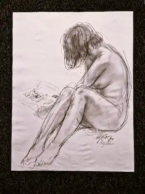 Otto Dicke - Fraaie & grote in 1977 gemaakte houtskooltekening "lezend Naakt op het strand" verkauft für € 120!