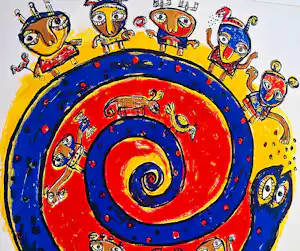 Toyin Loye - Grote kleurrijke zeefdruk "circle of life " kleine oplage (45) netjes ingelijst verkauft für € 55!