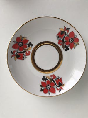 Lomonosov - Set van twee Lomonosov porseleinen koppen en schotels ‘Rode Haan’ - 22 k goud kopen? Bied vanaf 65!